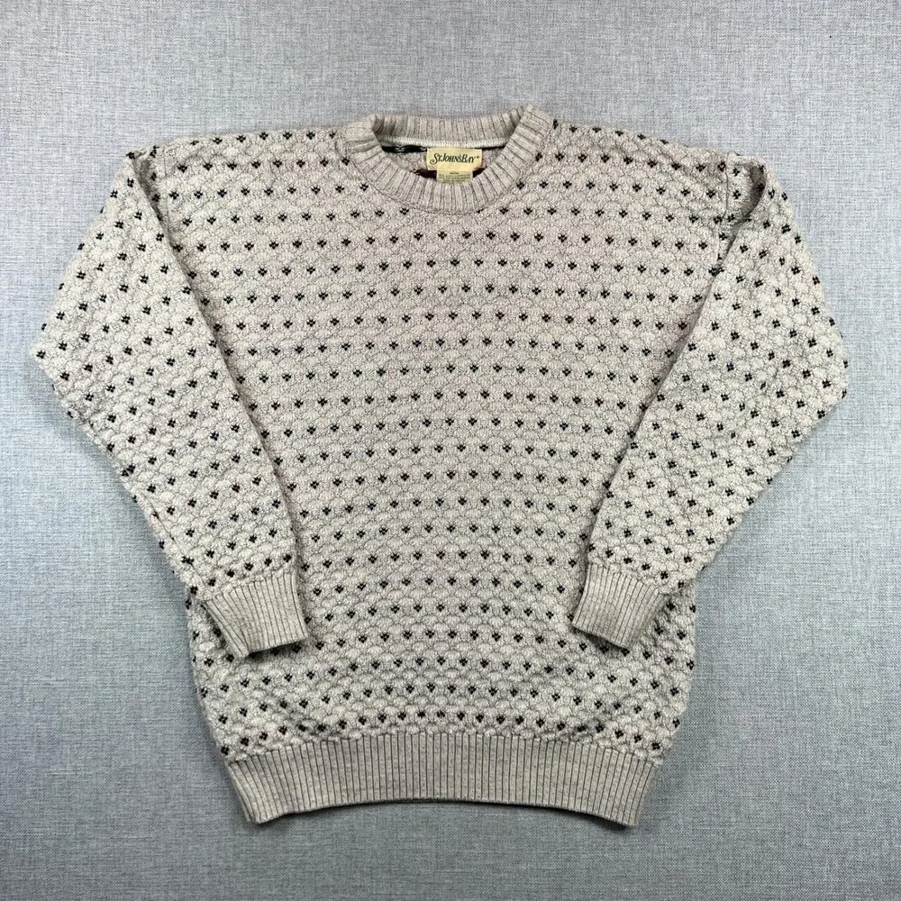 VTG 90s St Johns Bay Knit Sweater Men M Oatmeal Birdseye Pattern Cozy Retro Dad